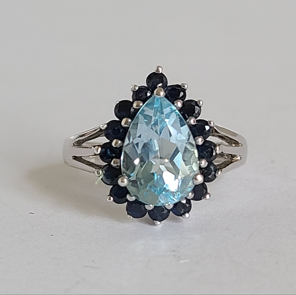 Vintage Pear Blue Topaz Sapphire Halo Boho Sterling Silver Cocktail Ring